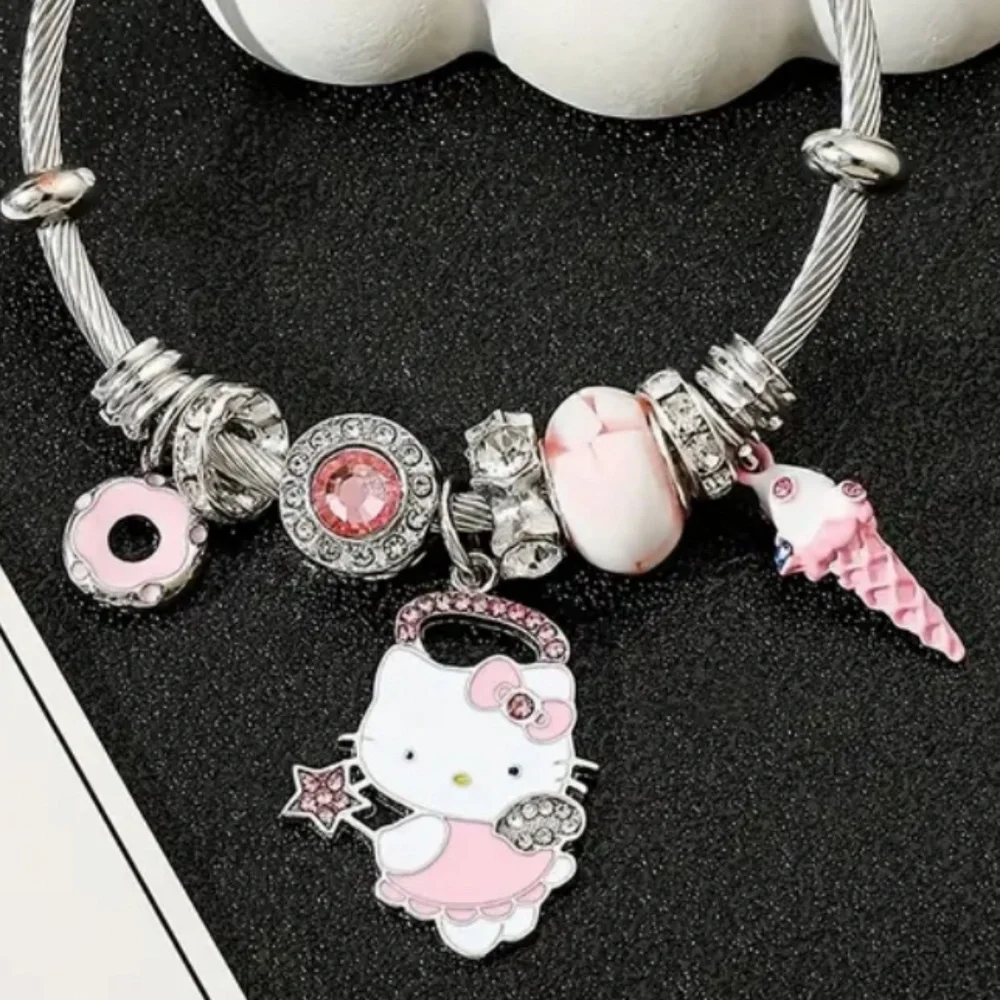Sanrio Hello Kitty 2pcs Jewelry Set - Chic Pink Rhinestone Necklace & Bracelet,